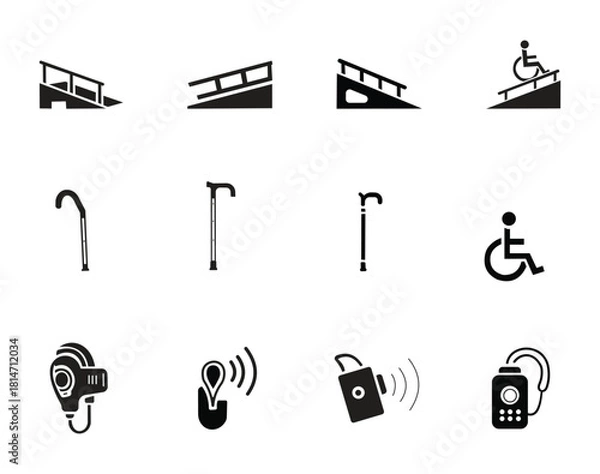 Fototapeta Set of Accessibility and Disability Support Icons Including Ramps, Walking Canes, Wheelchair Symbol and Hearing Devices