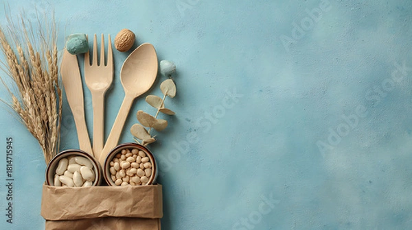 Obraz Wooden cutlery with beans and wheat stalks arranged on a textured blue surface fork spoon