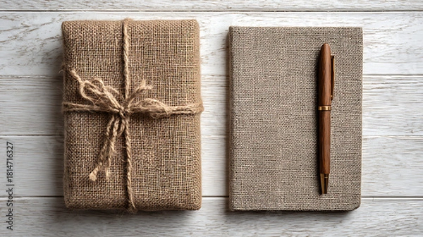 Obraz Wrapped gift and notebook with wooden pen present burlap