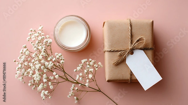 Obraz Wrapped gift jar and delicate white flowers on pink present kraft paper