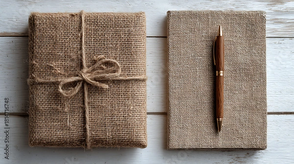 Obraz Wrapped gift and notebook with wooden pen present burlap