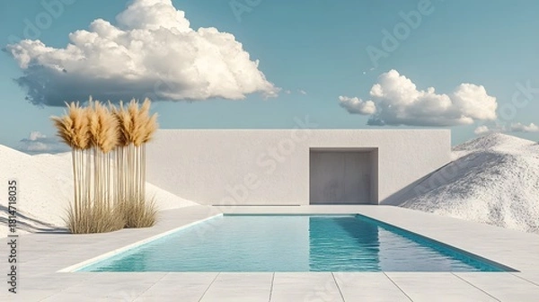 Fototapeta Serene minimalist poolside environment with a scenic cloudy sky.
