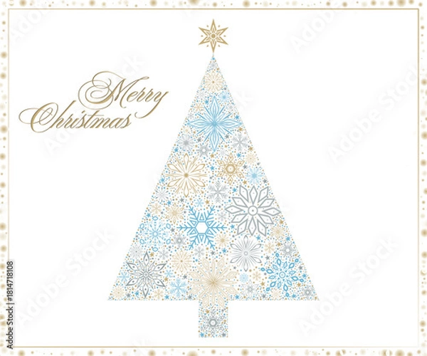 Fototapeta Christmas tree composed of snowflakes and topped with a star. Festive holiday illustration for greeting cards, decorations, or digital backgrounds. Hand drawn New Years tree with space for text