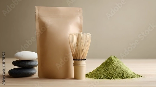 Obraz Preparation for Matcha Tea Ceremony with Bamboo Whisk and Stones for Relaxation Aromatic Green Tea Powder for Health and Wellness