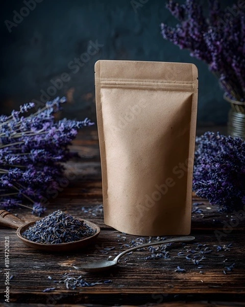 Obraz Rustic Lavender Product Display with Brown Paper Bag and Silver Spoon on Wooden Surface showcasing aromatherapy and relaxation with floral elements evoking natural wellness and herbal remedies 