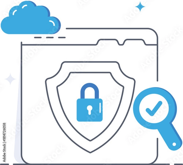 Obraz Secured cloud data with shield and magnifying glass Flat vector illustration