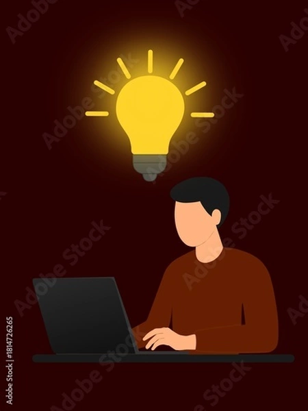Fototapeta Creativity and idea generation at work. Working on a laptop and inspiration. A light bulb symbolizes the emergence of a new idea or insight.