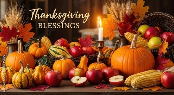 Obraz Abundant Thanksgiving Blessings Display with Pumpkins, Apples, Corn, Wheat, and Candle in Rich Autumn Setting