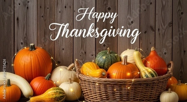 Obraz Rustic Happy Thanksgiving Script Text Above Wicker Basket Filled with Assorted Pumpkins, Gourds, and Fairy Lights on Dark Wood