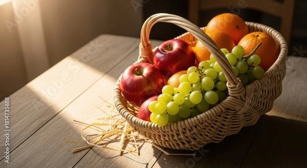 Obraz Sunny Morning Light on Wicker Fruit Basket with Fresh Apples, Green Grapes, and Oranges on Rustic Wood Table