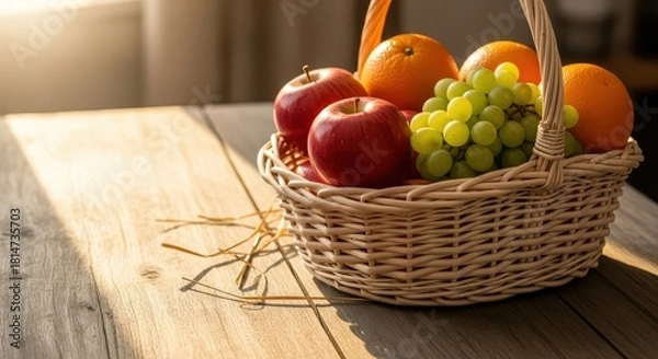 Obraz Sunny Morning Light on Wicker Fruit Basket with Fresh Apples, Green Grapes, and Oranges on Rustic Wood Table