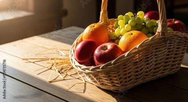 Obraz Sunny Morning Light on Wicker Fruit Basket with Fresh Apples, Green Grapes, and Oranges on Rustic Wood Table