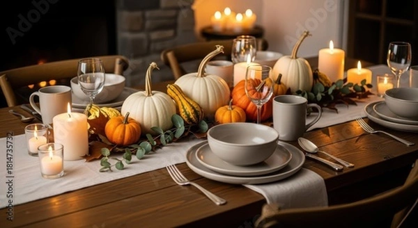 Obraz Elegant Thanksgiving Dinner Table Setting with White Pumpkins, Lit Candles, Fine China, and String Lights