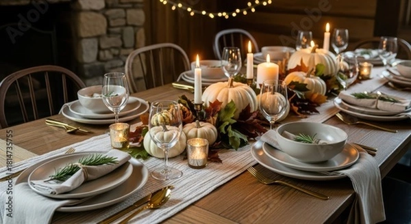 Obraz Elegant Thanksgiving Dinner Table Setting with White Pumpkins, Lit Candles, Fine China, and String Lights