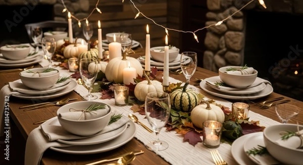 Obraz Elegant Thanksgiving Dinner Table Setting with White Pumpkins, Lit Candles, Fine China, and String Lights