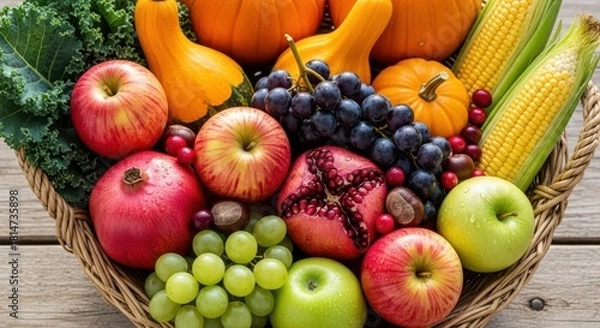Obraz Rich Autumn Harvest Basket Overflowing with Pumpkins, Apples, Grapes, and Vegetables for Thanksgiving Abundance