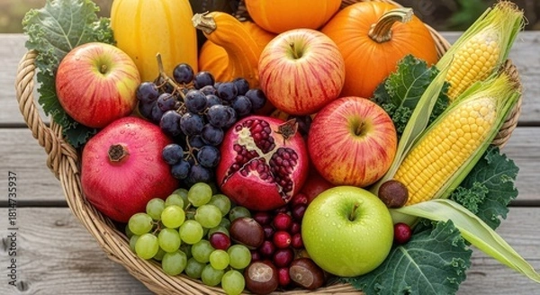 Obraz Rich Autumn Harvest Basket Overflowing with Pumpkins, Apples, Grapes, and Vegetables for Thanksgiving Abundance