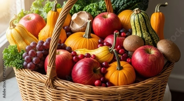 Obraz Rich Autumn Harvest Basket Overflowing with Pumpkins, Apples, Grapes, and Vegetables for Thanksgiving Abundance