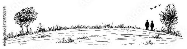 Fototapeta couple walking by the lake hand drawn sketch