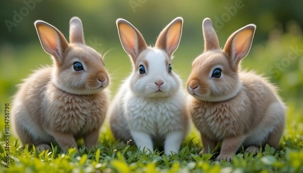 Obraz There cute and pretty baby rabbits sit together on green grass and looking every where