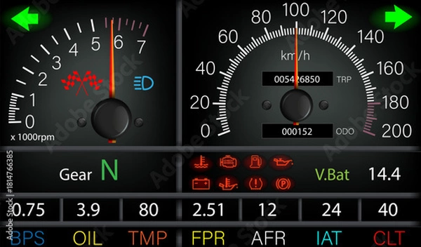 Fototapeta Performance dashboard with real-time telemetry. Racing interface showing engine status and sensor data.