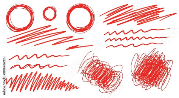 Obraz Hand drawn red scribble circles and lines isolated on for marking or highlighting text