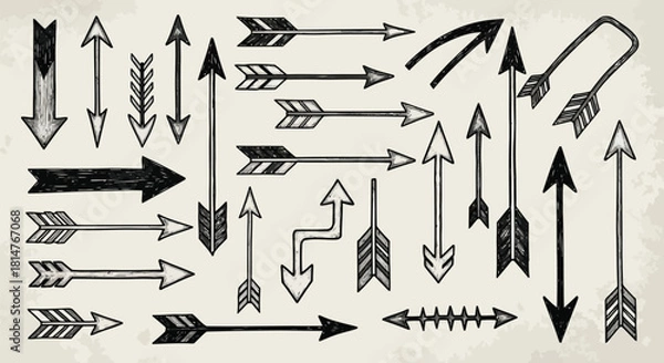 Obraz Collection of hand drawn arrows in various styles and directions on a textured beige background, vector set