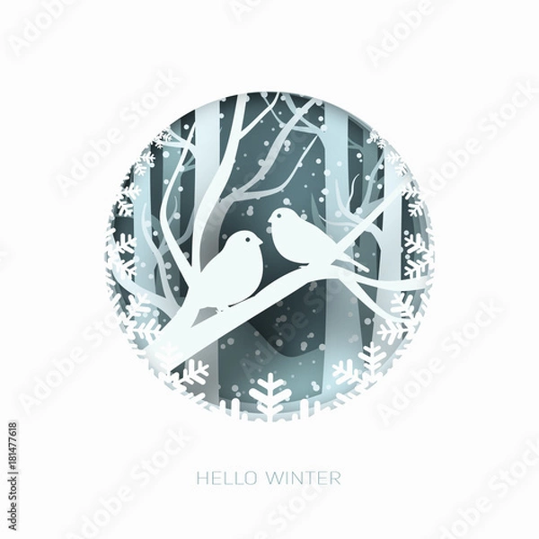 Obraz Hello winter 3d abstract paper cut illustration of snow and two birds in the forest. Vector template