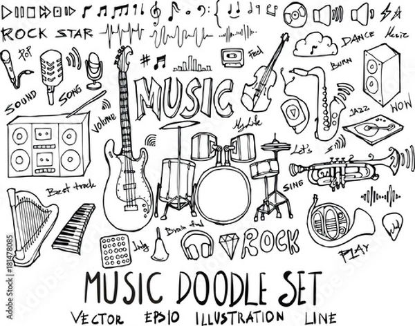 Fototapeta Set of Music illustration Hand drawn doodle Sketch line vector eps10
