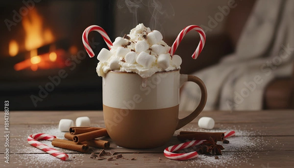 Fototapeta cup of hot chocolate with marshmallows and cinnamon sticks