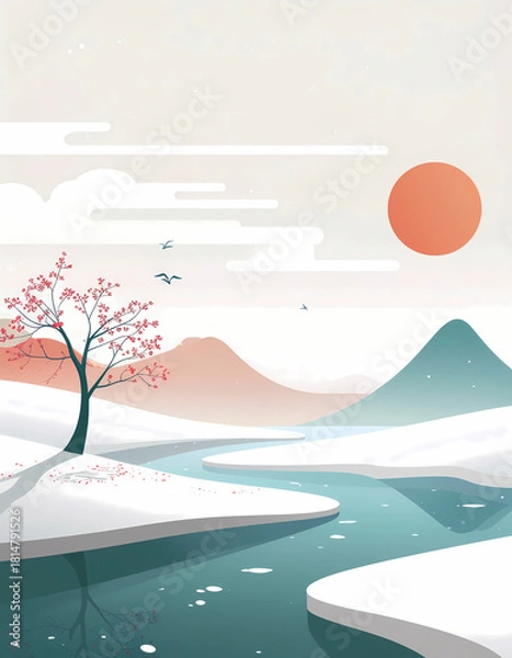 Fototapeta Serene spring landscape with blooming cherry tree illustration