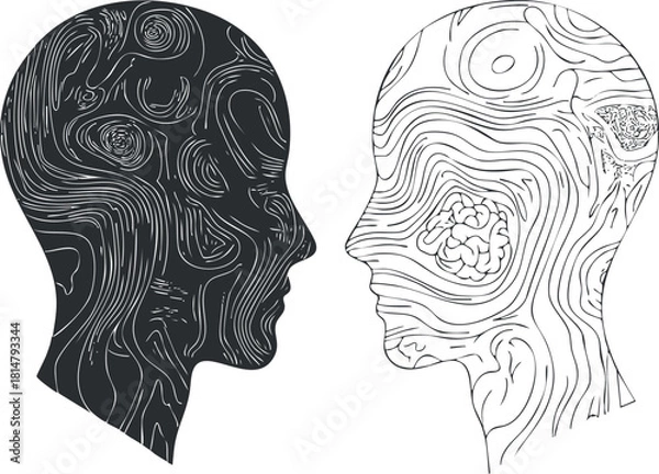 Fototapeta Abstract vector illustration of two human profiles with swirling patterns representing thoughts and emotions in a modern style