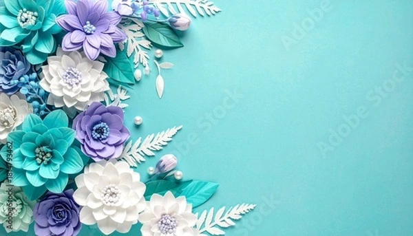 Obraz Elegant 3D Paper Flowers Border in Teal, Lavender, and White on Cyan Background for Invitation Copy Space.
