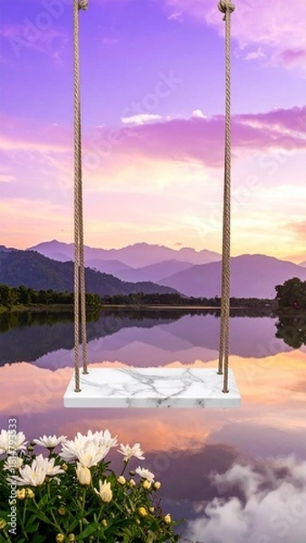 Obraz Dreamy Marble Swing Podium Mockup Reflected in Still Lake Water at Vibrant Pink and Purple Sunset.