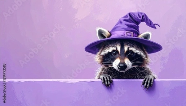 Obraz Whimsical Raccoon in Deep Purple Witch Hat Looking Over a Lavender Border: Digital Oil Painting for Halloween Design.