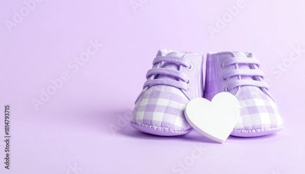 Obraz Pastel Purple Baby Shoes and White Heart on Lavender Background for Newborn Announcement or Shower Banner