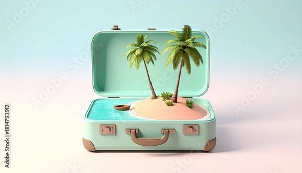 Obraz Portable Paradise: 3D Render of a Miniature Tropical Island, Palm Trees, and Beach Ocean Inside a Pastel Vintage Suitcas