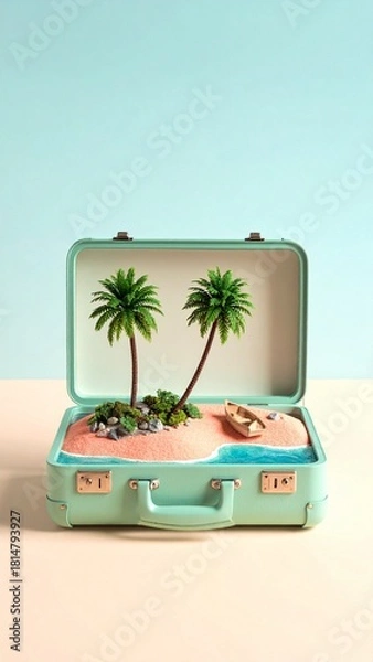 Obraz Portable Paradise: Tropical Island Miniature Inside an Open Vintage Suitcase with Palm Trees and Pink Sand.