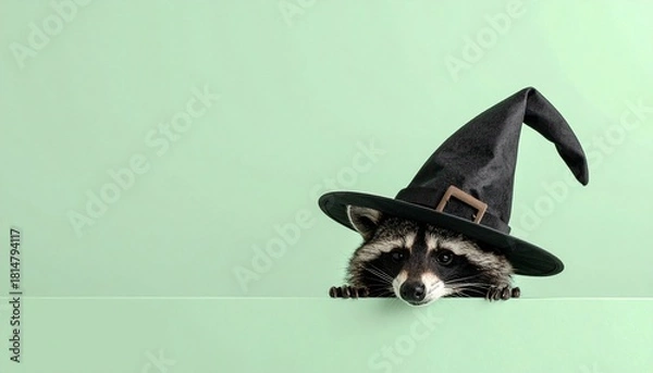 Obraz Adorable Raccoon in Witch Hat Peeking | Funny Halloween Animal Costume Portrait on Mint Green Background