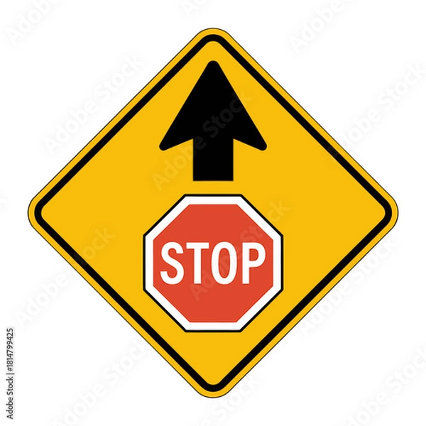 Obraz Stop ahead warning sign with arrow indicating forward direction