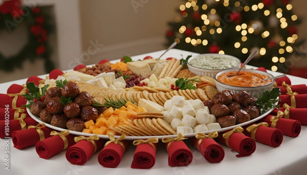 Fototapeta Christmas fruit salad with nuts on festive table setting