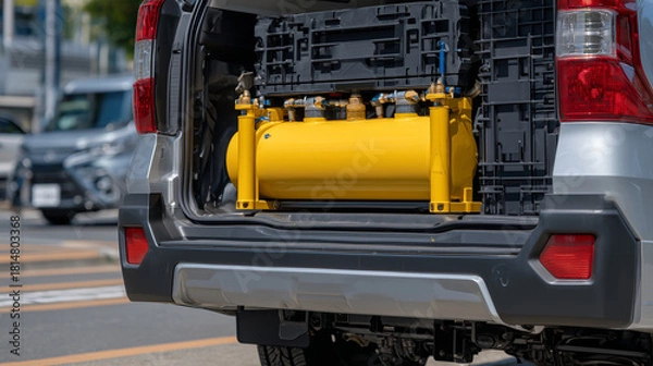Fototapeta Rear angle shot of a vehicle with the trunk open, yellow compressed natural gas cylinder securely fastened, with tubing and valves highlighted, symbolizing green automotive innovat