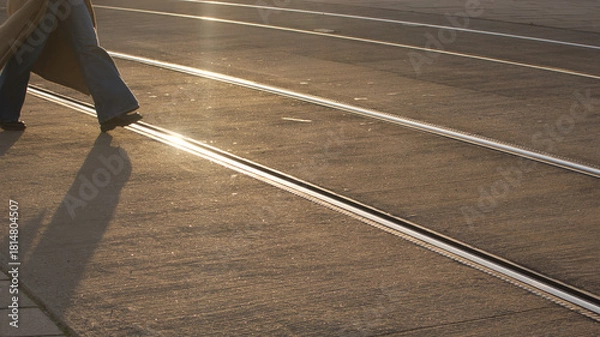 Fototapeta Human crossing a sunlit tram track. Lens flare in image.d