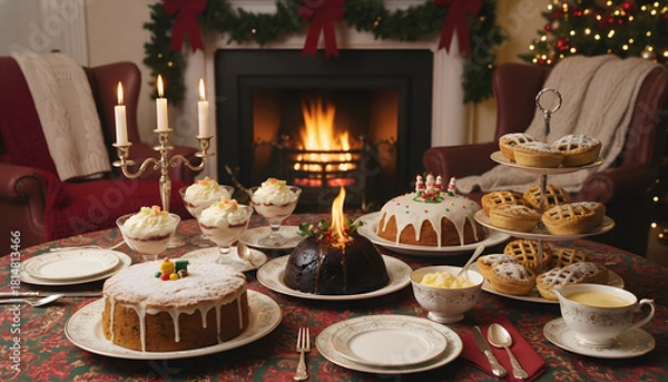 Fototapeta birthday cake with candles on festive table setting