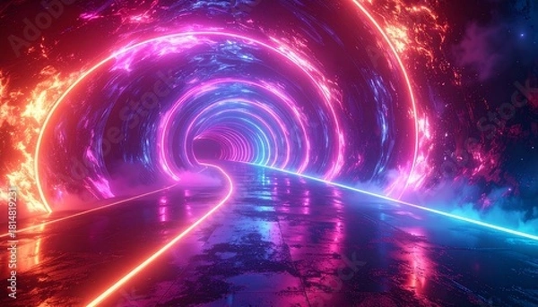 Fototapeta Vibrant Futuristic Neon Tunnel with Reflective Surface Creating an Abstract Hyperspace Journey through Glowing Digital Pathways