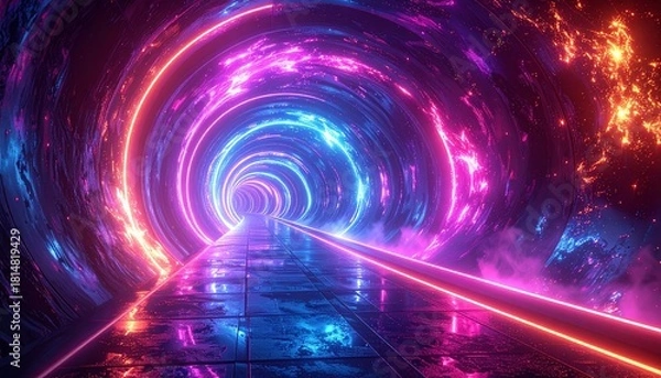 Fototapeta Experience a breathtaking passage through an iridescent, futuristic neon tunnel, a dynamic digital wormhole glowing with vibrant colors and abstract light streaks
