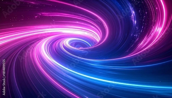 Fototapeta Abstract futuristic background with swirling pink and blue neon light trails forming a dynamic energy vortex tunnel
