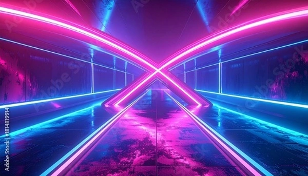Fototapeta Futuristic Tunnel Neon Lights in Purple and Blue Create a Vibrant and Modern Aesthetic Design