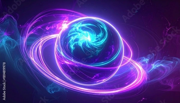 Fototapeta Abstract glowing sphere with swirling energy trails and neon lights, futuristic digital art