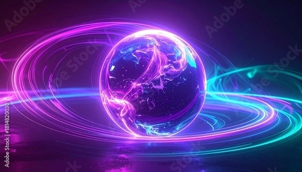 Fototapeta Dynamic purple and cyan light trails orbit a luminous crystal sphere, creating a futuristic and energetic visual concept of cosmic power